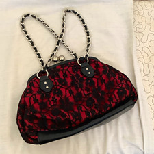 Nine West Red/Black Floral Lace Kiss Lock Shoulder Bag, Chain Strap, Pockets