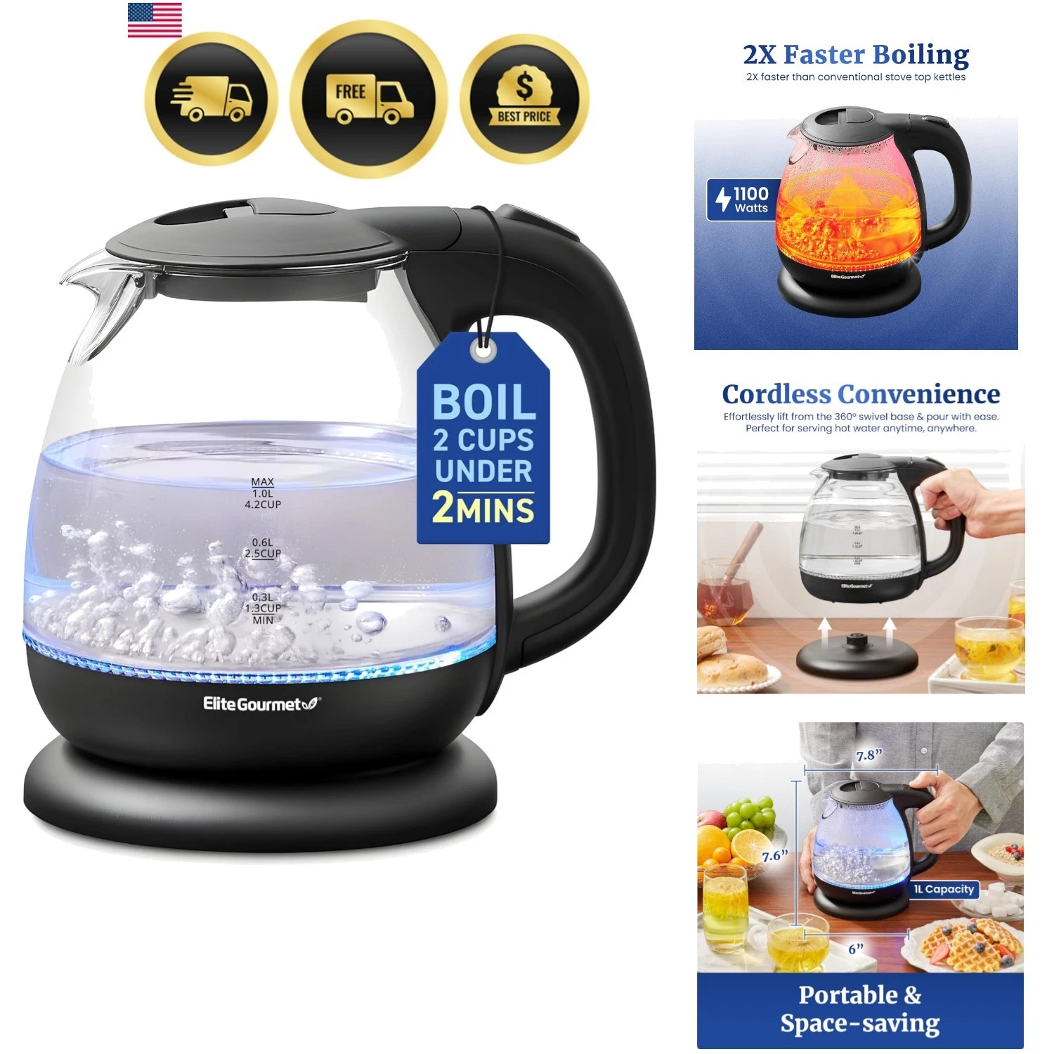 Electric 1.0L BPA-Free 1100W Glass Kettle Cordless 360° Base, Stylish Blue LE...