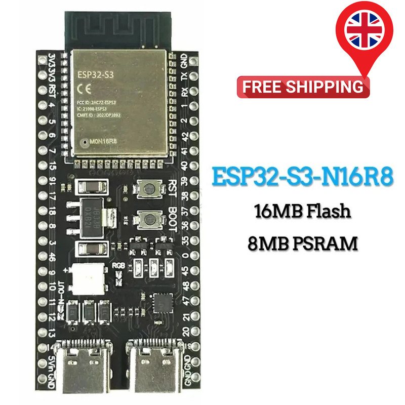 ESP32-S3-N16R8 Dual-Core Dev Board – 16MB Flash 8MB PSRAM WiFi BT5 AI USB-C IoT