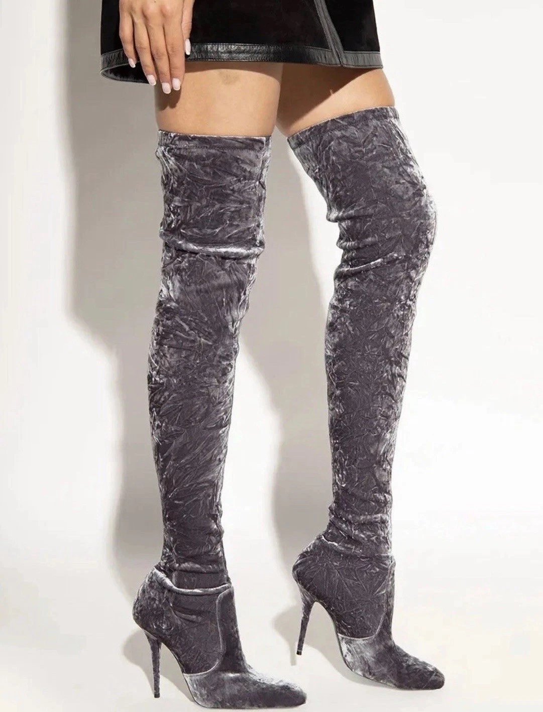 Saint Laurent — YSL Saint Laurent Women’s Grey Velvet Thigh High Sock Boots Size 6.5UK/EU39.5