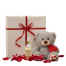 Coffret Cadeau Femme : Peluche Grise 25 cm & Huile d'Amande Bio - Douceur & Déte