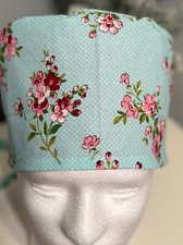 Floral pindot pink  reversible Women's Skull/Chemo Surgical Scrub Hat/Cap Handm