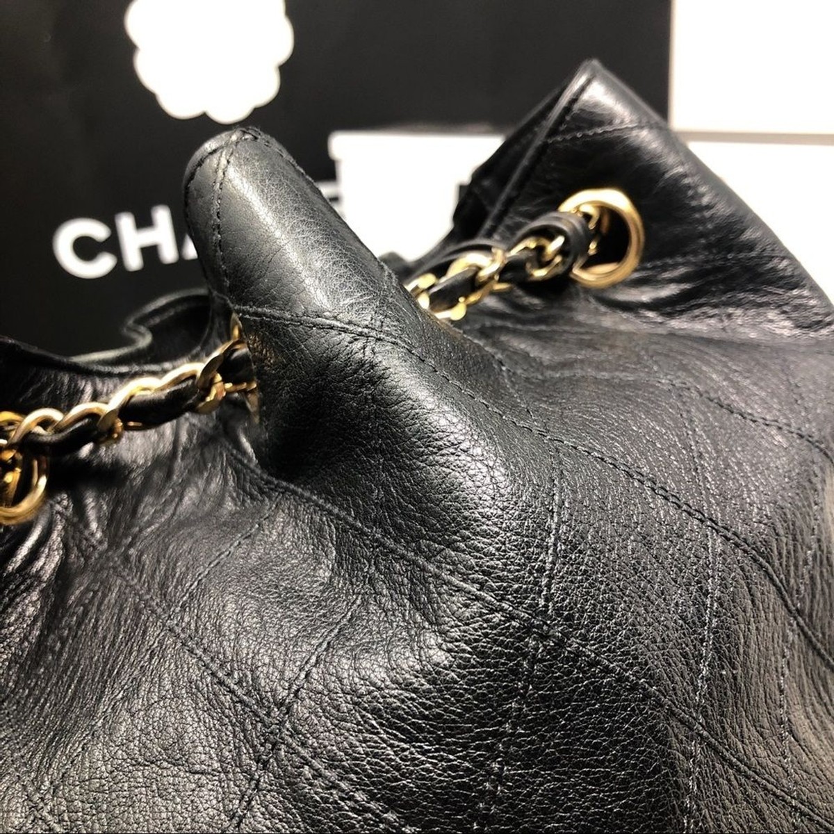 Vintage CHANEL Black Lambskin Quilted CC Drawstring Bucket Bag