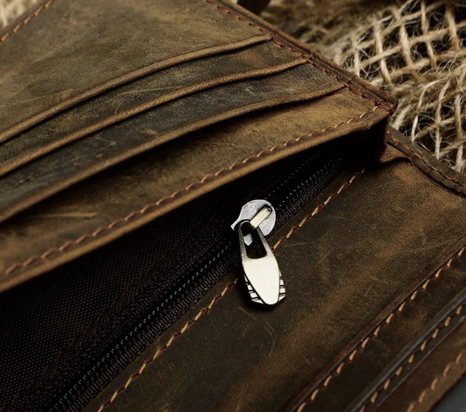 Mens Genuine Crazy Horse Leather RFID Blocking Bifold Long Wallet Card Holder - Image 4 of 4