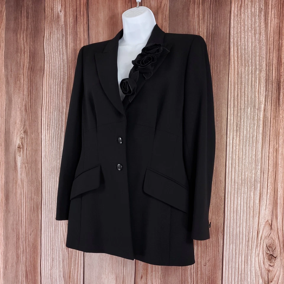 Escada Womens Size 36 Black Floral Two Button Notch Lapel Wool Blazer Jacket - Image 2 of 4