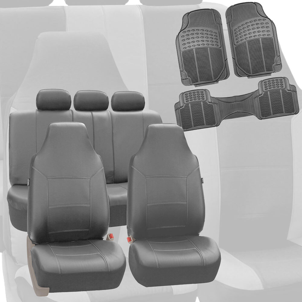 Highback Seat Covers Leather Solid Gray Combo with Gray Floor Mats