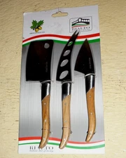 3 pc RIALTO CHEESE KNIFE SET with AMERICAN SOLID OAK WOOD HANDLES. NEW original