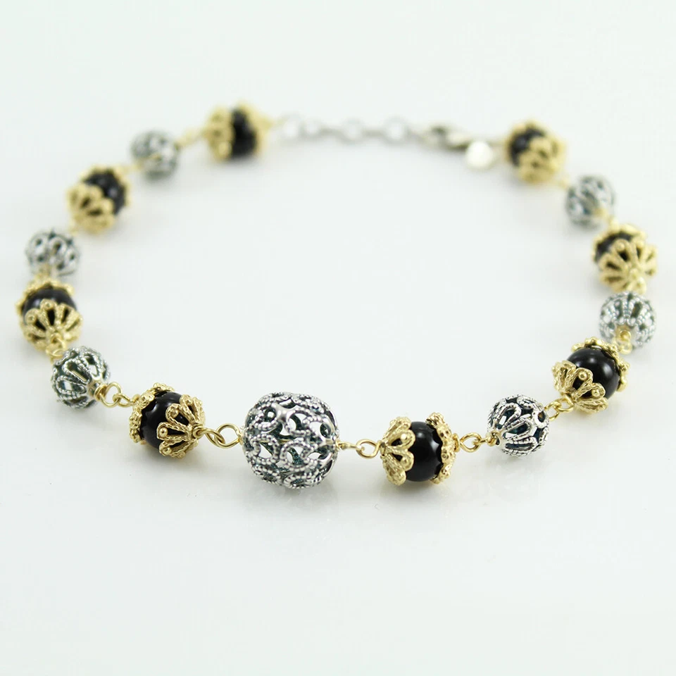 Pulsera Mujer Plata Bicolor Con Esferas Filigrana Perforado Y Ónix En Chainani - Imagen 2 de 2