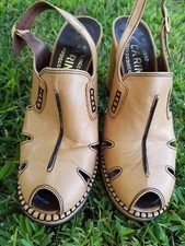 1970's CARINA Womens Vintage Platform Shoes Peep Toe Slingbacks Camel Sand sz 7