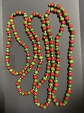 Vtg 106  Christmas Garland Wood Bead Strand 8  10  Red Green w Gold Accent Beads