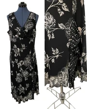 Vtg I.N. Studio Black Floral Ruffle Asymm Maxi Dress Dark Cottage Whimsigoth 14