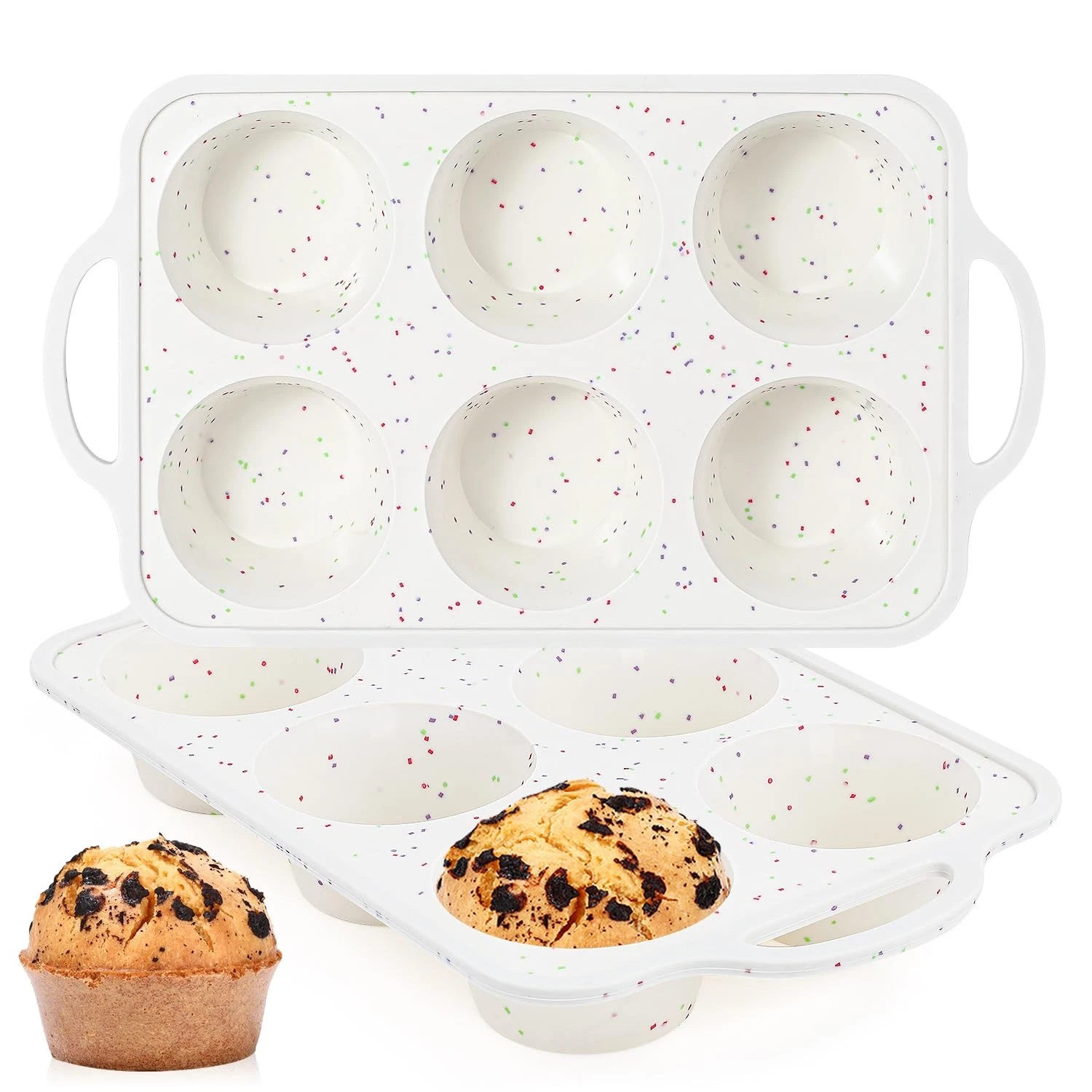 FUNBAKY Jumbo Silicone Muffin Pan with Metal 6-Cup: 2pcs, Confetti