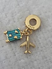 Travel Themed Plane & Suitcase Sterling Silver Gold 18k Plated Charm. UK Seller