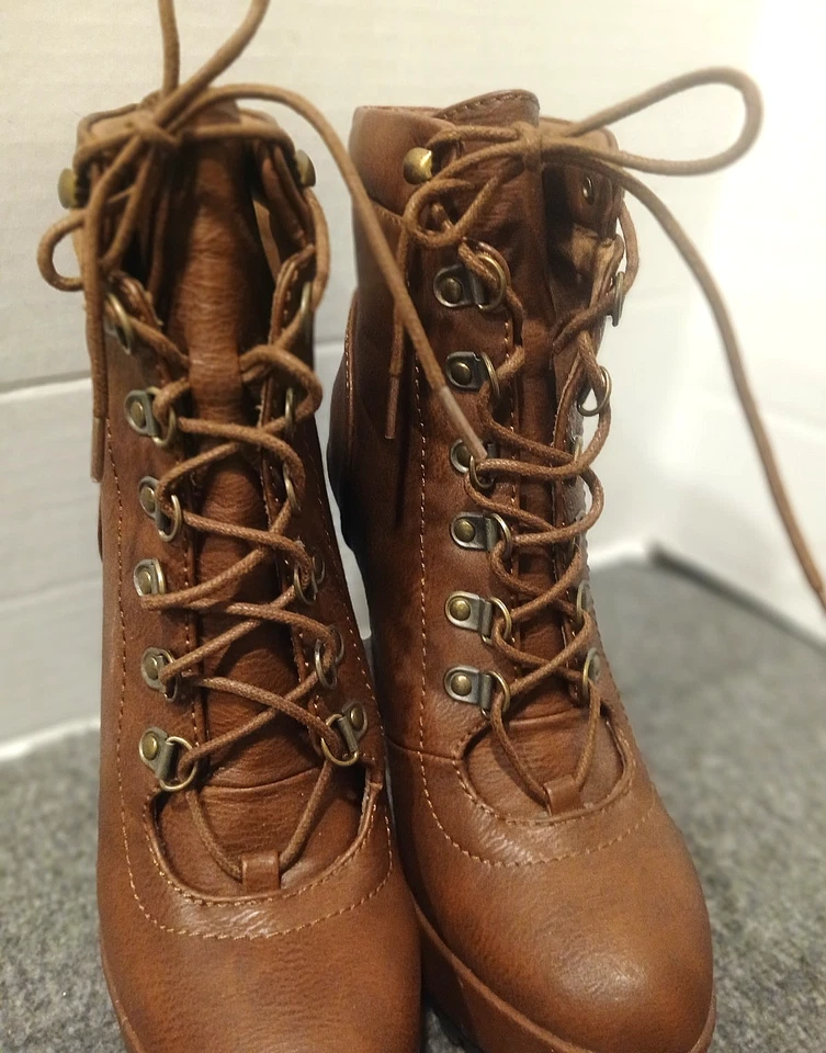 Botines de plataforma JustFab Linanyi para mujer marrón con cordones de 5" tacón alto talla 7 de EE. UU. Foto 3 de 4