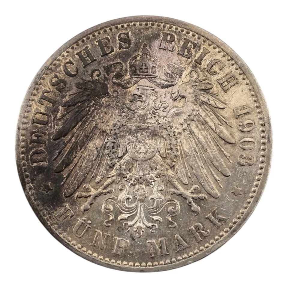 Amazing 1903 E 5 Mark German States Silver Coin Saxony Albertine Xf Details  - Image 2 of 2