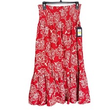 NWT Nautica Jeans Red High Waist Cotton Blend Floral Maxi Skirt Size Medium