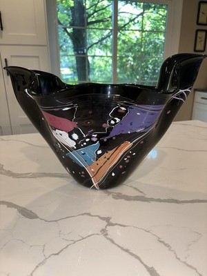 Stephen R. Nelson 1993 Studio Art Glass Black Abstract Vase Double Vision-LARGE