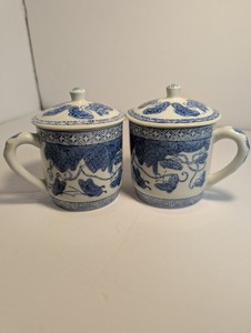 Blue And White Chinoiserie Style Tea Mugs With Lids/Butterfly 
