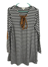 Umgee Gray and Black Striped Lace-Up Long Sleeve Dress Size Small