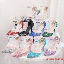 Womens Ankle Strap Wedding Shoes with Rhinestones Evening Formal Pumps