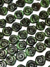 17 - 12mm Green and Black Snail Shell Swirl Spiral Coin Czech Glass Beads