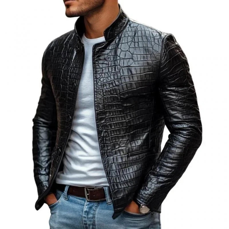 Men’s Designer Black Crocodile Embossed 100% Real Leather Luxury Jacket Coat NEW