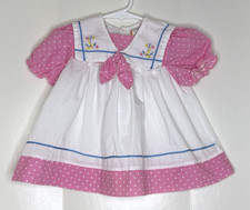 Vintage 12 months Baby Girls Dress Pink White Polka Dot Pinafore Nautical Anchor