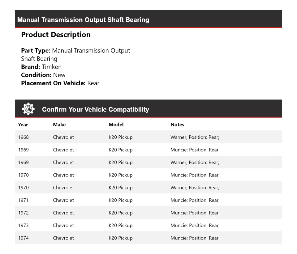 Cojinete de eje de salida manual Timken para camioneta Chevrolet K20 1968-1974 Foto 2 de 4