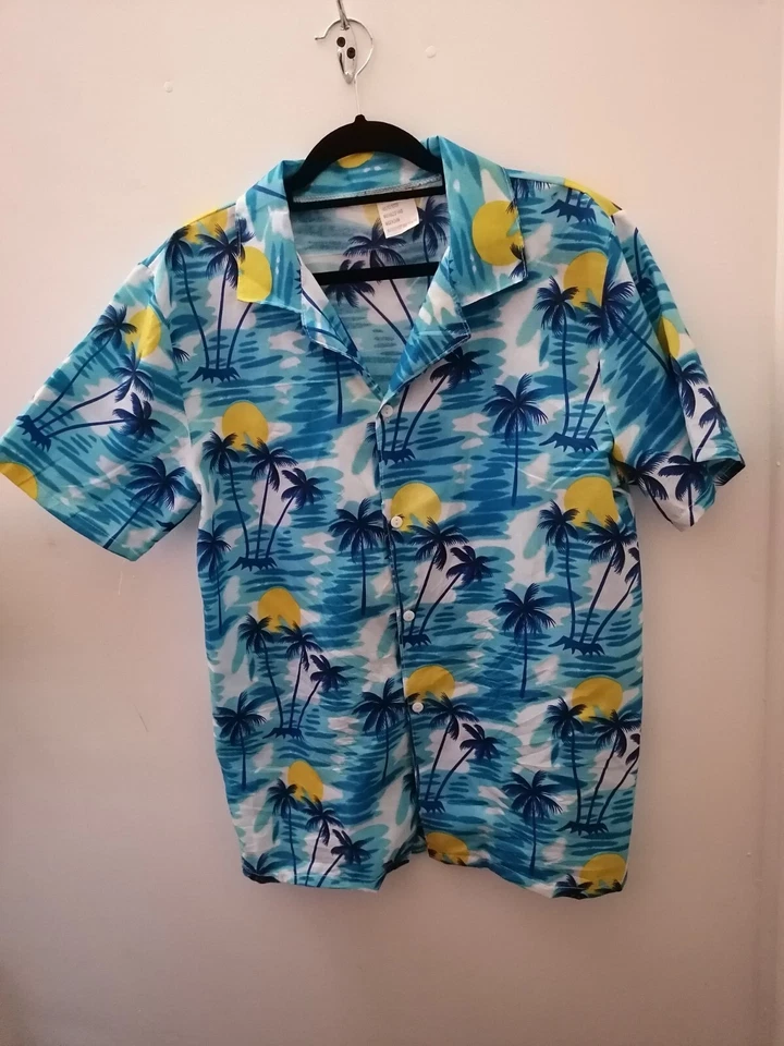 Blue Hawaiian Shirt Palm Trees Luau M/L Fancy Dress Sh*T Shirt Party - Image 1 of 2