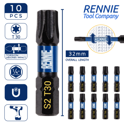 10 x T30 Torx 32mm Long Magnetic Impact Duty Screwdriver Drill