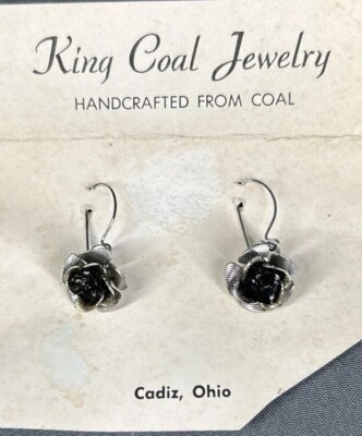 King Coal Jewelry Rose Earrings Silver & Black Handcrafted from Coal Dangle NEW