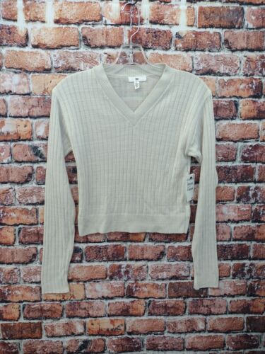 Bp. Womens Cropped Sweater Beige Long Sleeve V Neck Tight Knit Ribbed, Small - Afbeelding 1 van 9