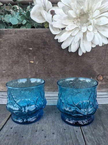 Vintage Anchor Hocking Laser Blue Rain Flower 8oz Juice Glasses (2)