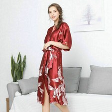 Damen Faux Seide Japanisches Kimono Yukata Kranich Robe Bademantel