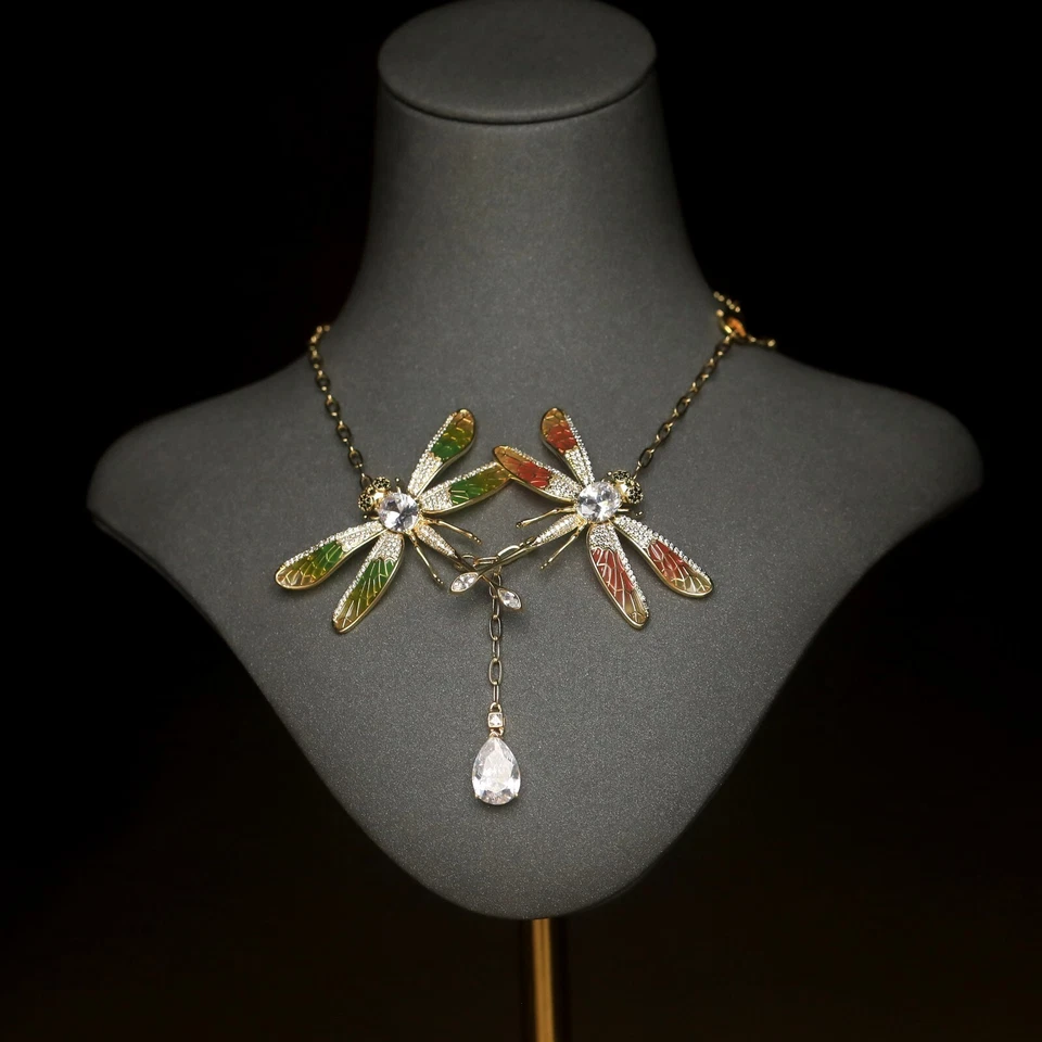 Anhänger Halskette Einstellbar Golden Insect Libelle Emaille Grün Orange Set Cz - Bild 3 von 4
