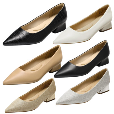 Women Slip On Pump Shoes Low Chunky Block Heel Pointed Toe Wedding Dress Shoes
