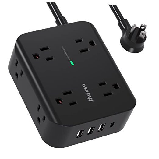 Power Strip Surge Protector - Flat Plug, Wall Mount, 8 Wide Outlets 5 FT Black