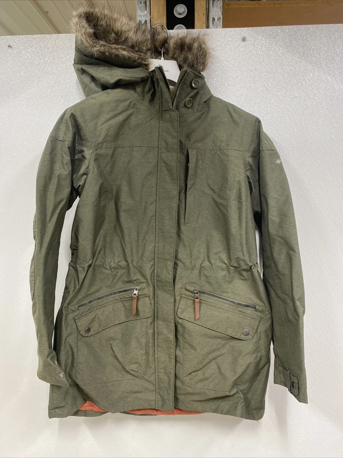 Mens L Columbia Jacket - Interchange Olive Green Faux Fur Hood #5i2A