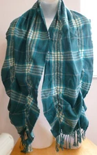LEI Flannel SCARF Long MUFFLER Teal, Aqua, White Gathered Sides Fringe 63 X 14