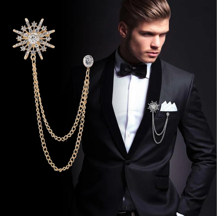 Men Crystal Snowflake Star Suit Jacket Coat Brooch Pin Jewelry Accent Chain  BP