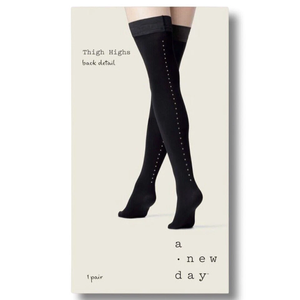 2X Black Opaque & Silver Studded Backseam Thigh High Stockings Size S/M NEW - Image 2 of 4