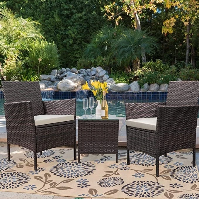 Three Piece Patio Porch Furniture Set PE Rattan Wicker Chairs with Table Devoko