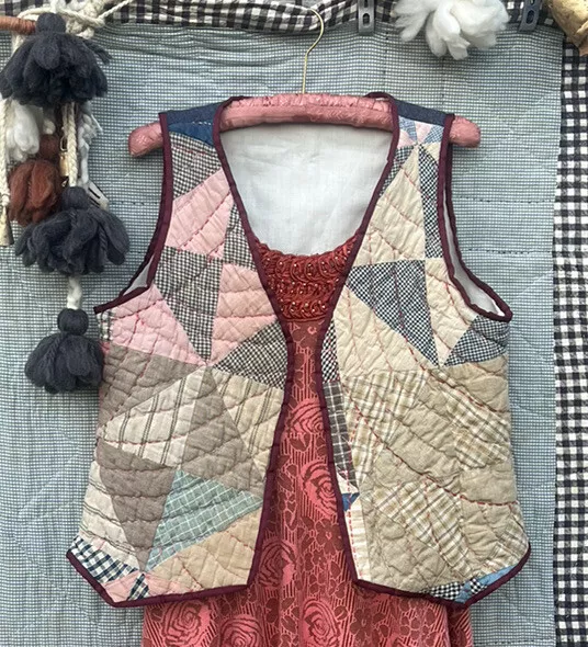 Handmade Women’s Quilt Vest From Antique 1800s Quilt, Denim Back, Piped Edges M