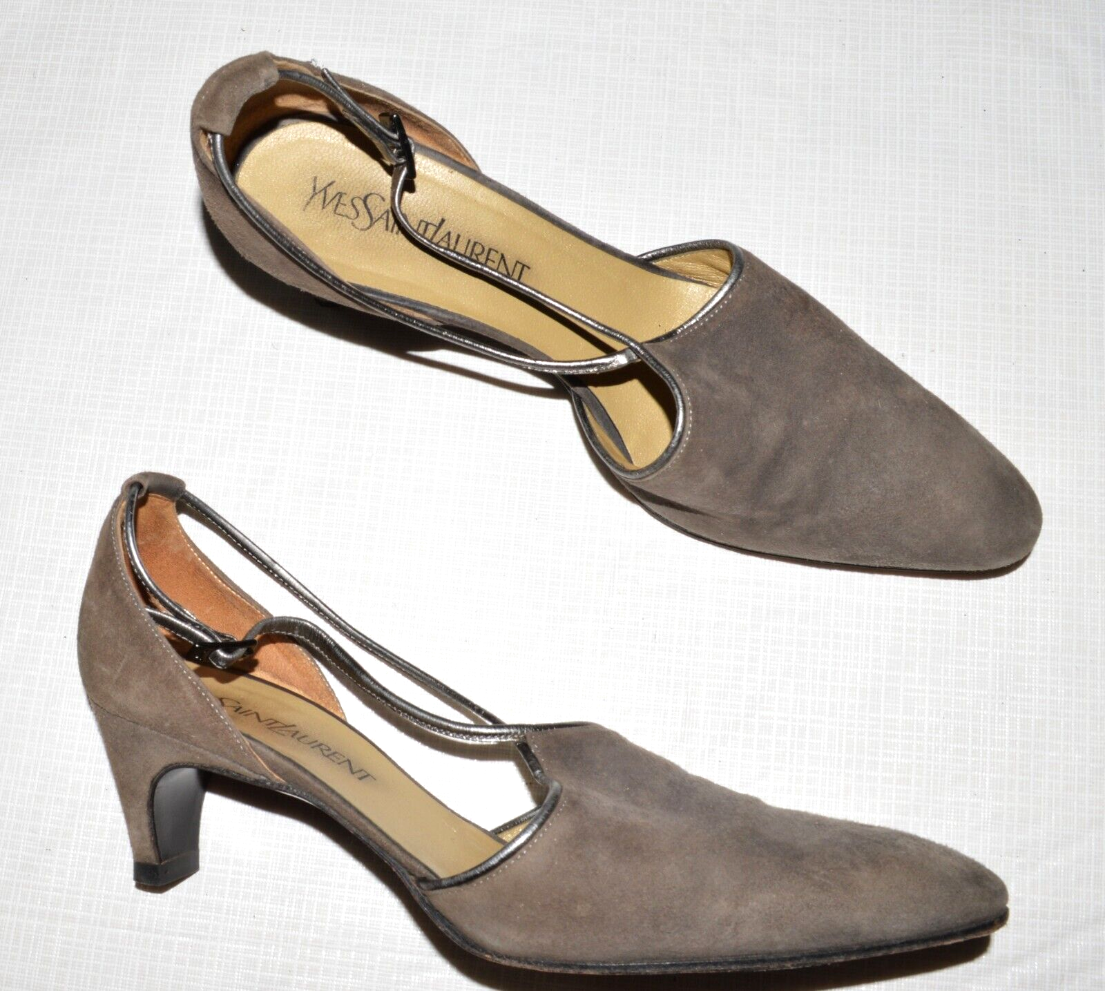 YVES SAINT LAURENT VINTAGE 80 TAGLIA 7 5 M GRIGIO PELLE SCAMOSCIATA D'ORSAY DÉCOLLETÉ TACCO ITALIA