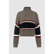Cable-Knit Striped Quarter Zip Turtleneck Sweater