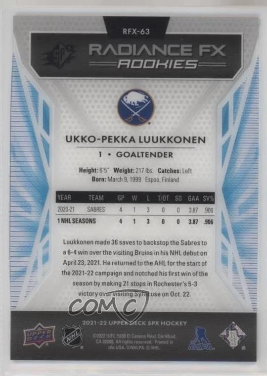 2021-22 SPx Radiance F/X Red /150 Ukko-Pekka Luukkonen #RFX-63 Rookie RC - Image 2 of 2
