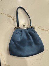 Vintage La Regale Blue Satin Evening Bag With Metal Frame And Clasp Closure