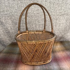 Vintage WICKER WALL BASKET Woven Hanging Planter Pocket Brown Boho Cottage Decor