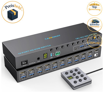 KVM Switch 10 Port HDMI 4K@60Hz für 10 Computer 1 Monitor 4 USB 3.0 Audio Remote