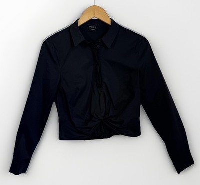 Bebe Black Shirt Small Cotton blend  Button Front Twist Cropped Sharp Fitted